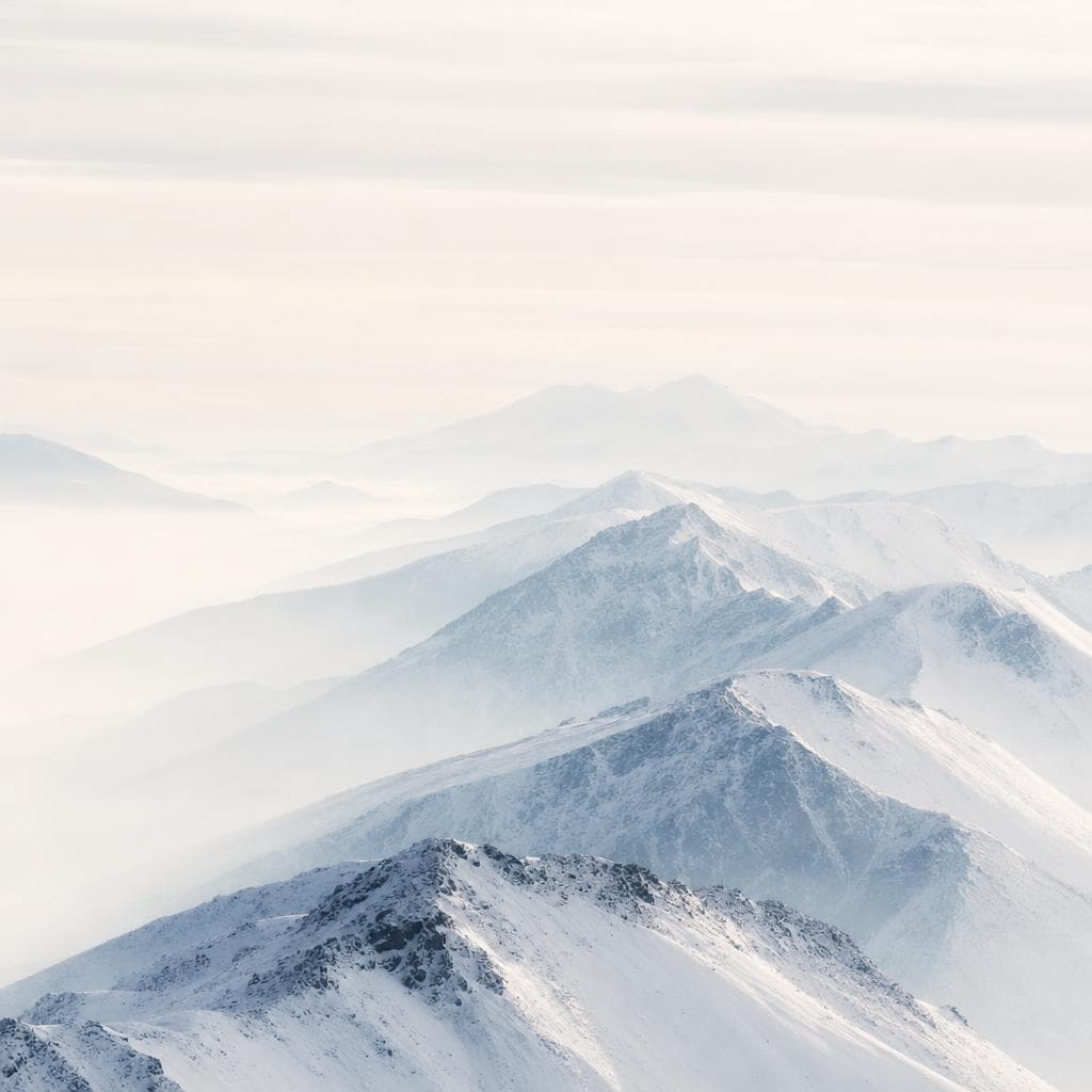Pale mountain ranges receding into morning mist