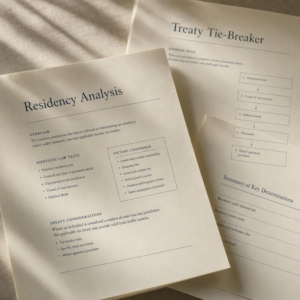 Printed residency analysis and treaty tie-breaker documents on cream paper